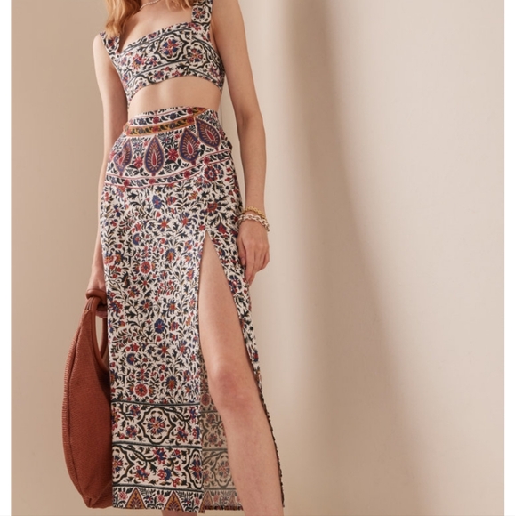 Boteh Verbena Print Crop Top Midi Skirt Set 6 Small Medium Cotton Linen - Picture 1 of 11